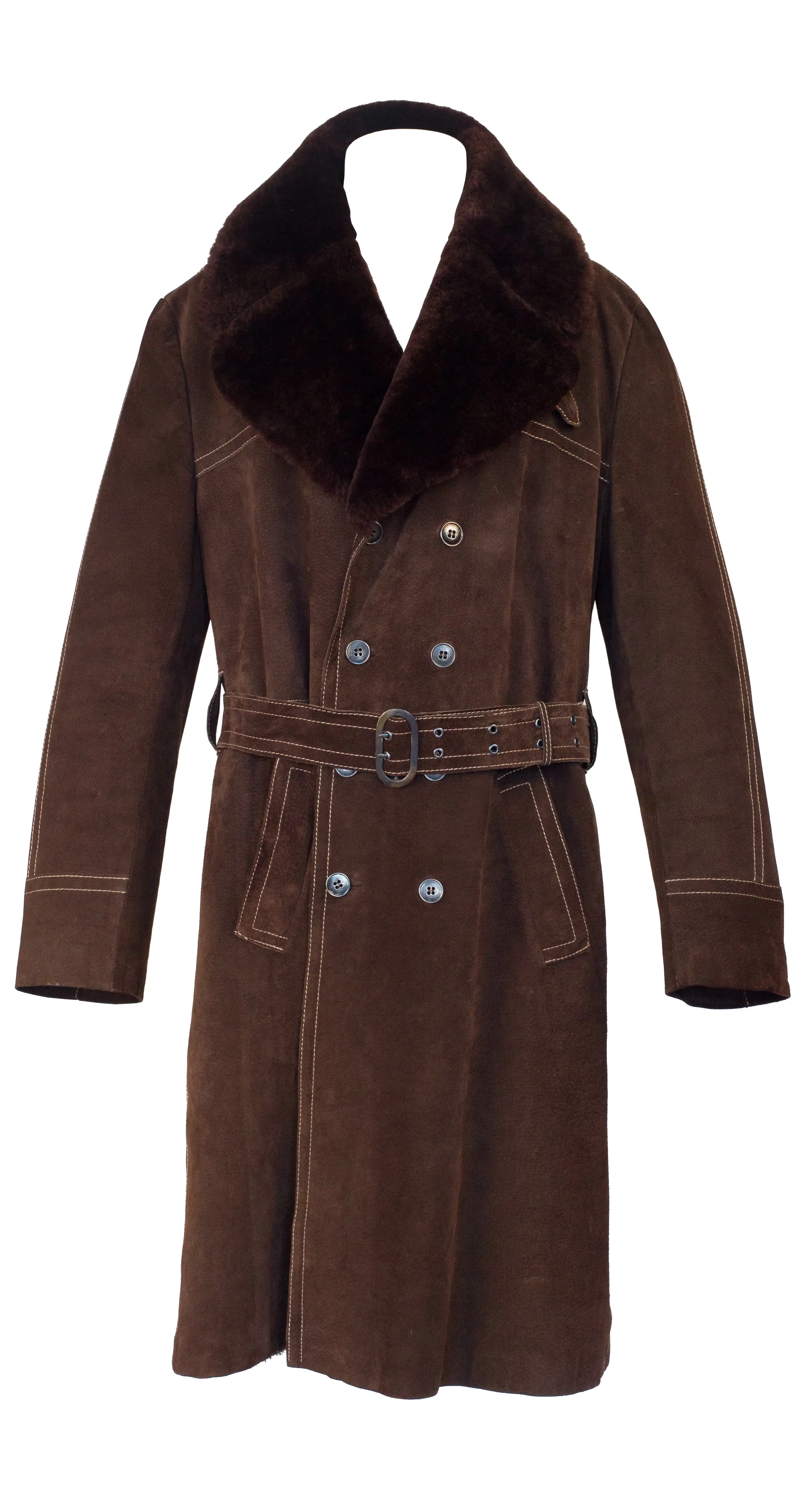 1970s Men's Brown Shearling & Suede Double-Breasted Coat