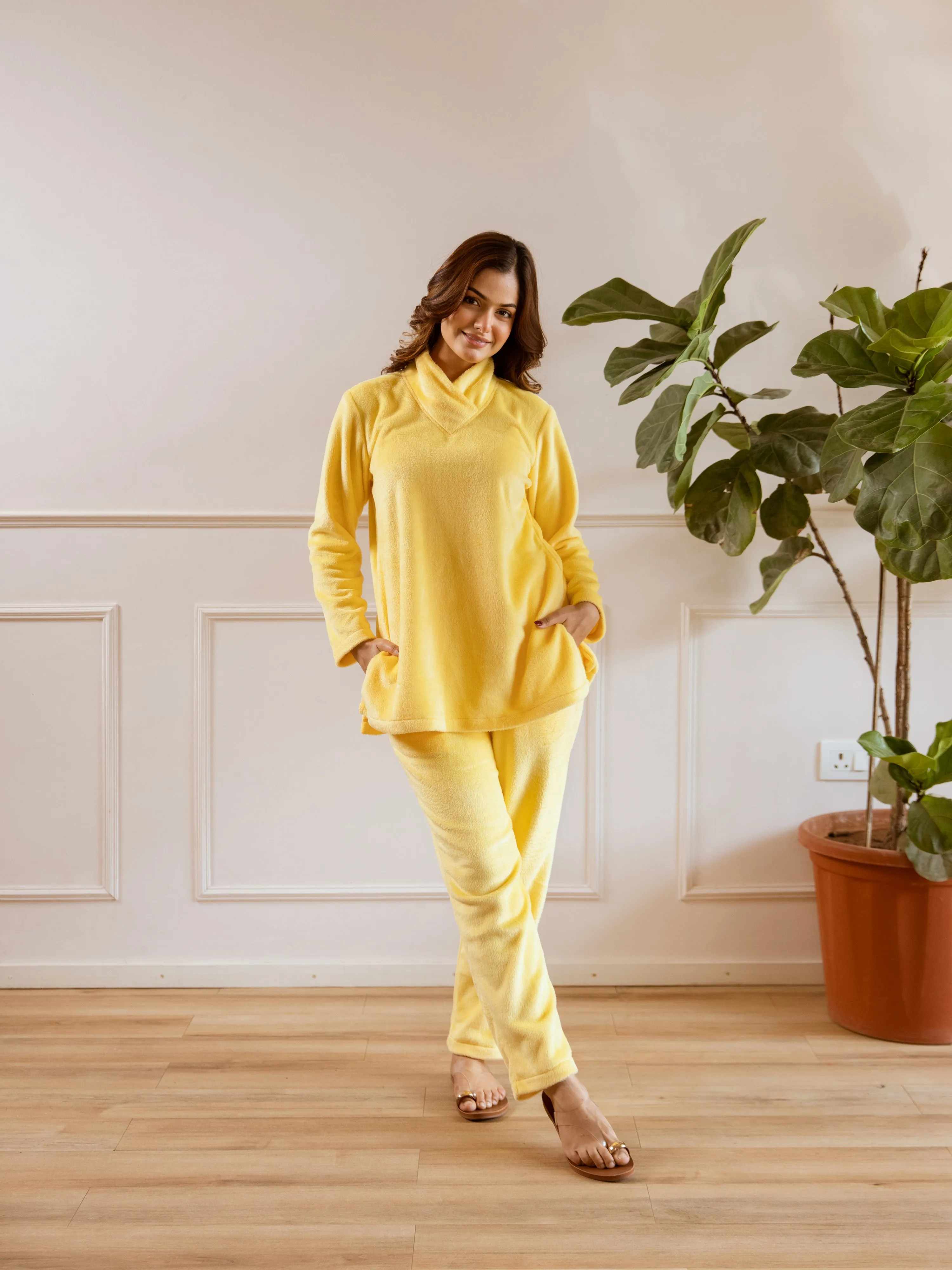 Cross Neck Super Soft Yellow Woollen Set