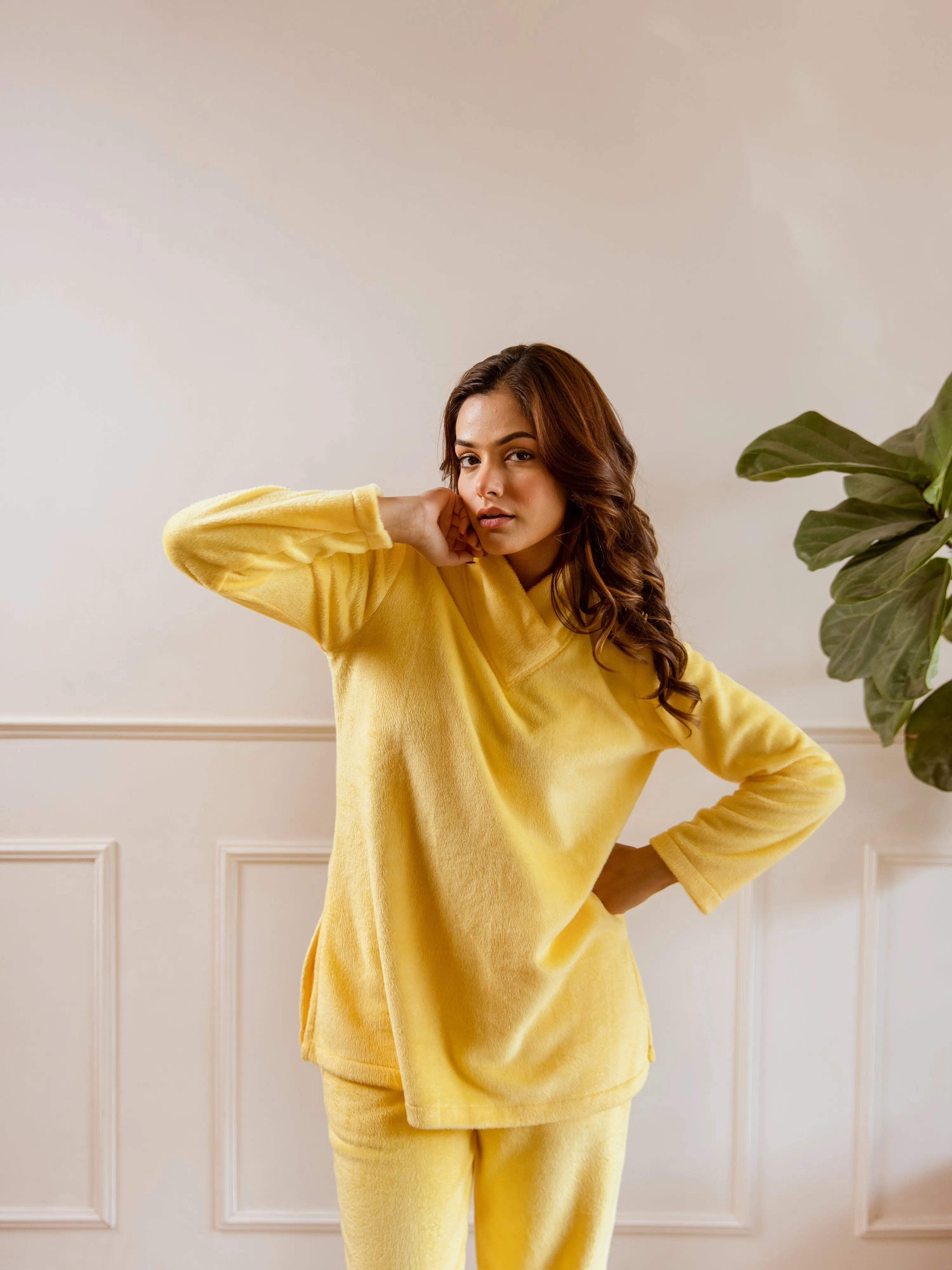 Cross Neck Super Soft Yellow Woollen Set