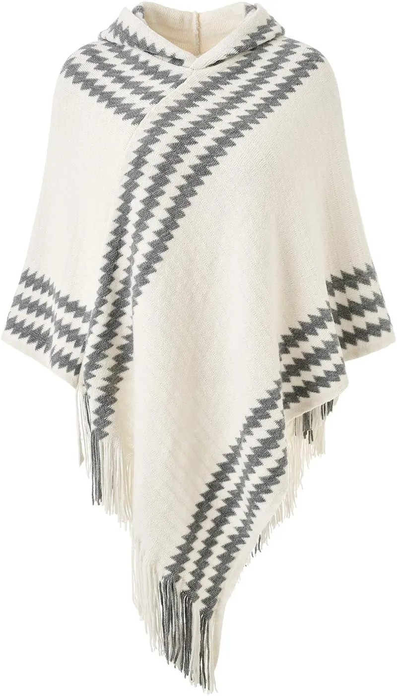 Ferand Women's Cozy Zigzag Poncho Sweater Lightweight Fringe Cape Cloak with Hood