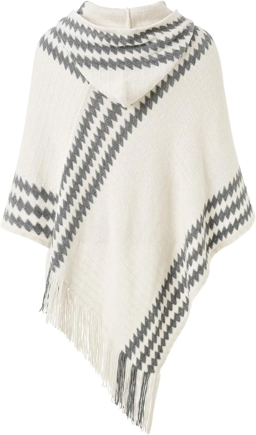 Ferand Women's Cozy Zigzag Poncho Sweater Lightweight Fringe Cape Cloak with Hood