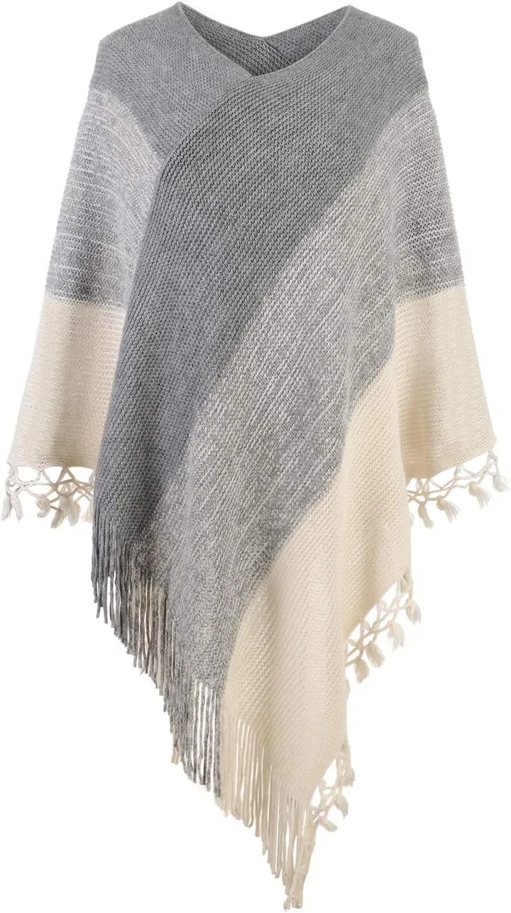 Fomolom Women Striped Poncho with Tassels Knitted Shawl Scarf Fringed Wrap Sweater Pullover Cape Gifts for Women
