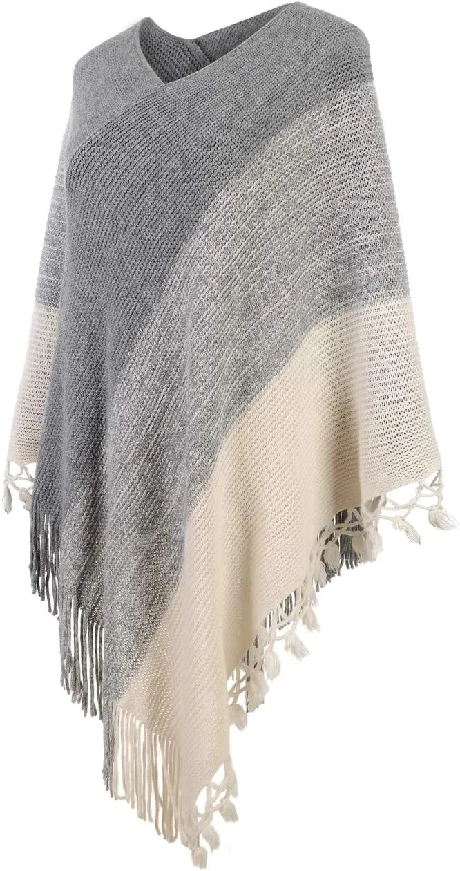 Fomolom Women Striped Poncho with Tassels Knitted Shawl Scarf Fringed Wrap Sweater Pullover Cape Gifts for Women