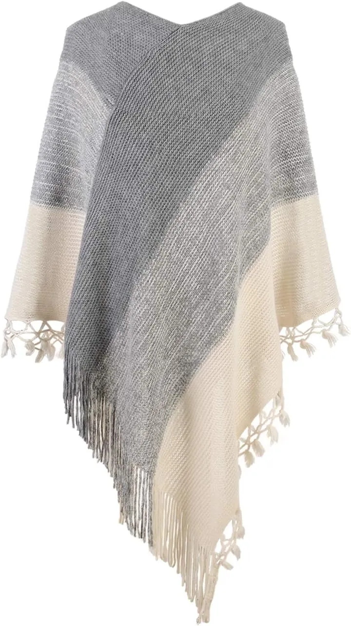 Fomolom Women Striped Poncho with Tassels Knitted Shawl Scarf Fringed Wrap Sweater Pullover Cape Gifts for Women