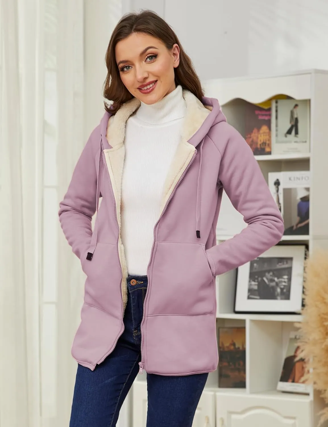 Gihuo Women's Winter Coat Sherpa Lined Zip Hoodie Long Sweatshirt Warm Fleece Lining Heavyweight Hooded Jacket