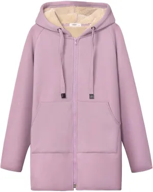 Gihuo Women's Winter Coat Sherpa Lined Zip Hoodie Long Sweatshirt Warm Fleece Lining Heavyweight Hooded Jacket