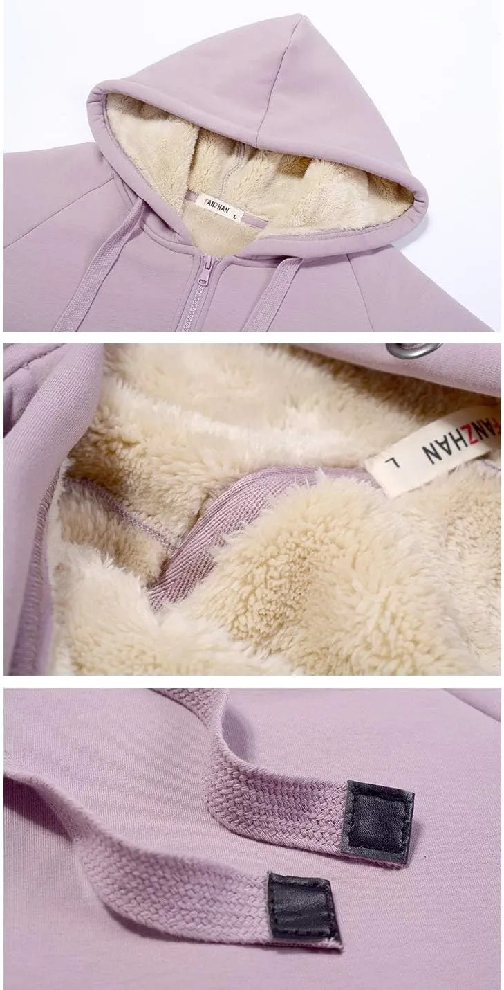 Gihuo Women's Winter Coat Sherpa Lined Zip Hoodie Long Sweatshirt Warm Fleece Lining Heavyweight Hooded Jacket