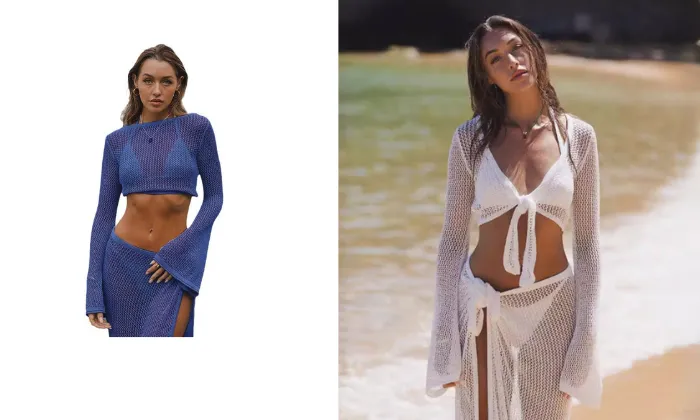 Hollow-Out Long-Sleeved Knitted Two-Piece Beach Suit