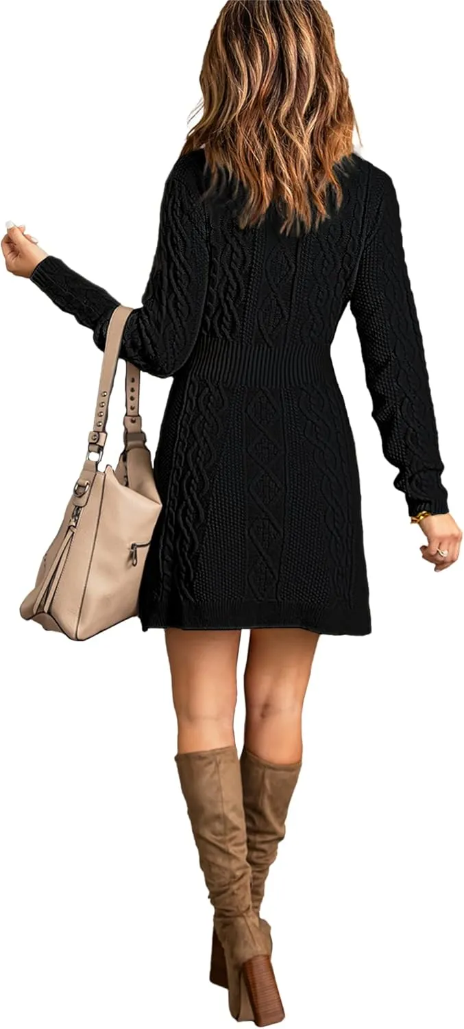 luvamia Sweater Dress for Women Cable Knit Ribbed A-Line Short Fitted Pullover Sweaters Dresses Fall Winter