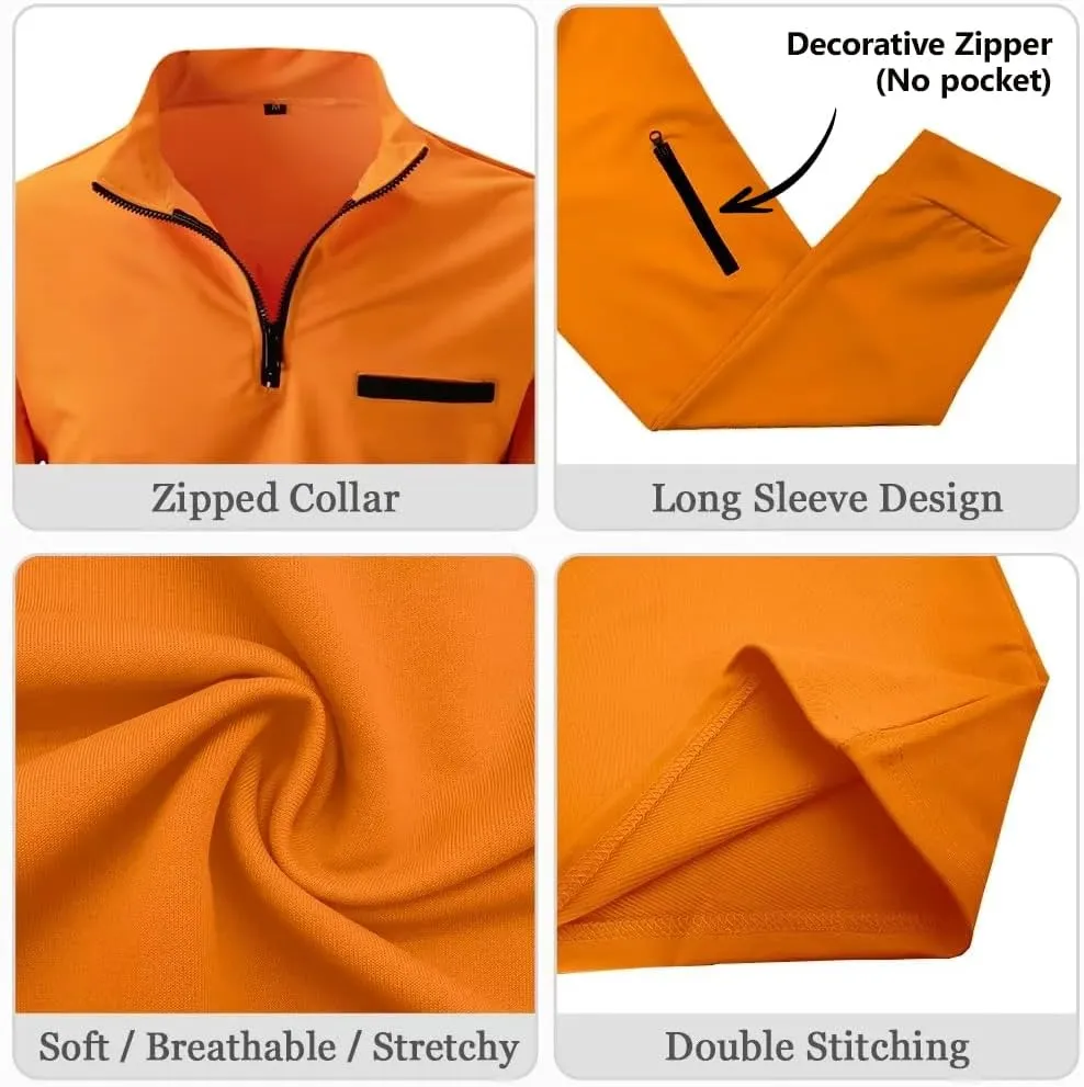 Men's Quarter Zip Polo Shirts Long Sleeve Pullover Lightweight Mock Neck Casual Slim Fit Golf Polo Shirt