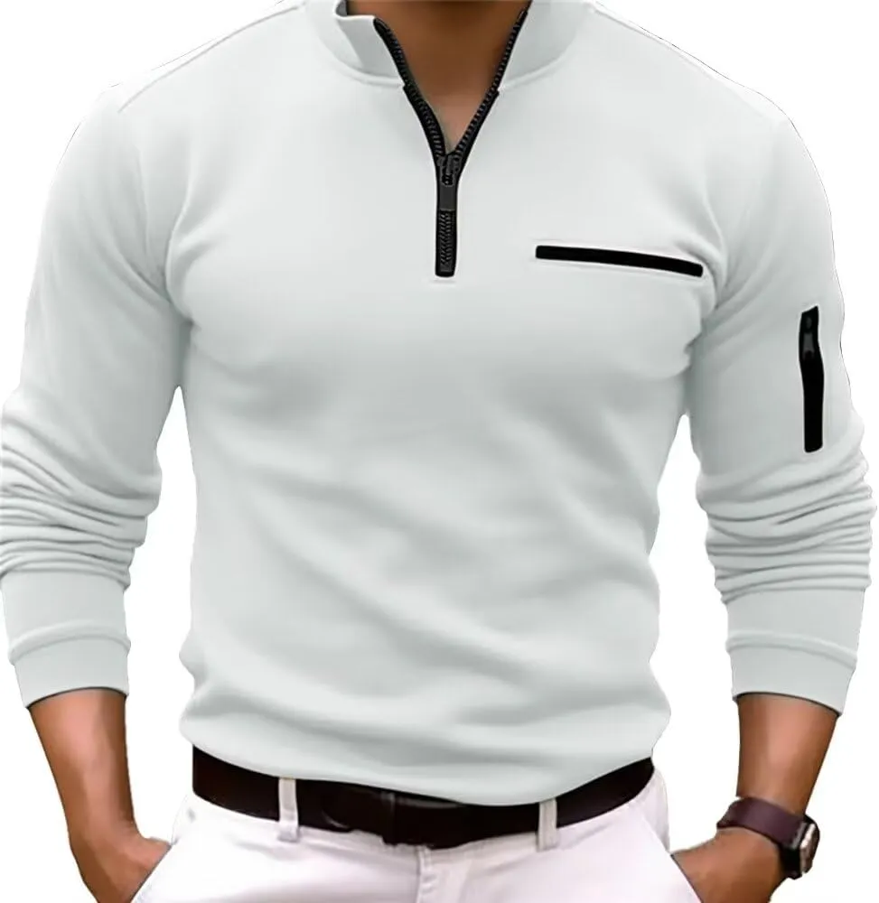 Men's Quarter Zip Polo Shirts Long Sleeve Pullover Lightweight Mock Neck Casual Slim Fit Golf Polo Shirt