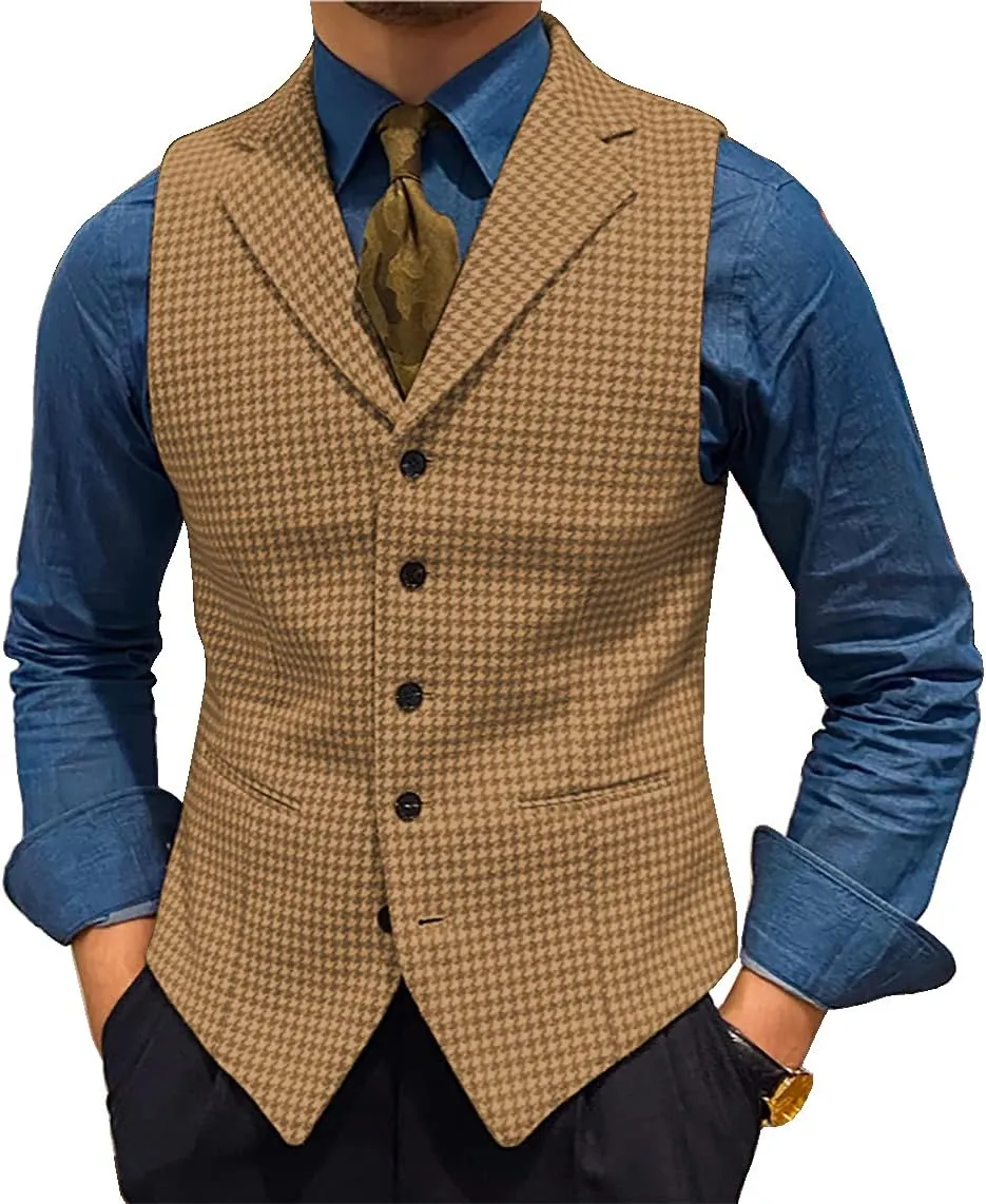 Mens Retro Wool Suit Vest Houndstooth Waistcoat Tweed Herringbone for Tuxedos