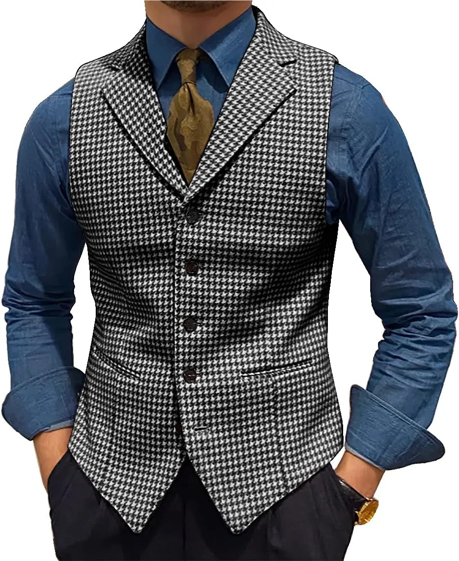 Mens Retro Wool Suit Vest Houndstooth Waistcoat Tweed Herringbone for Tuxedos