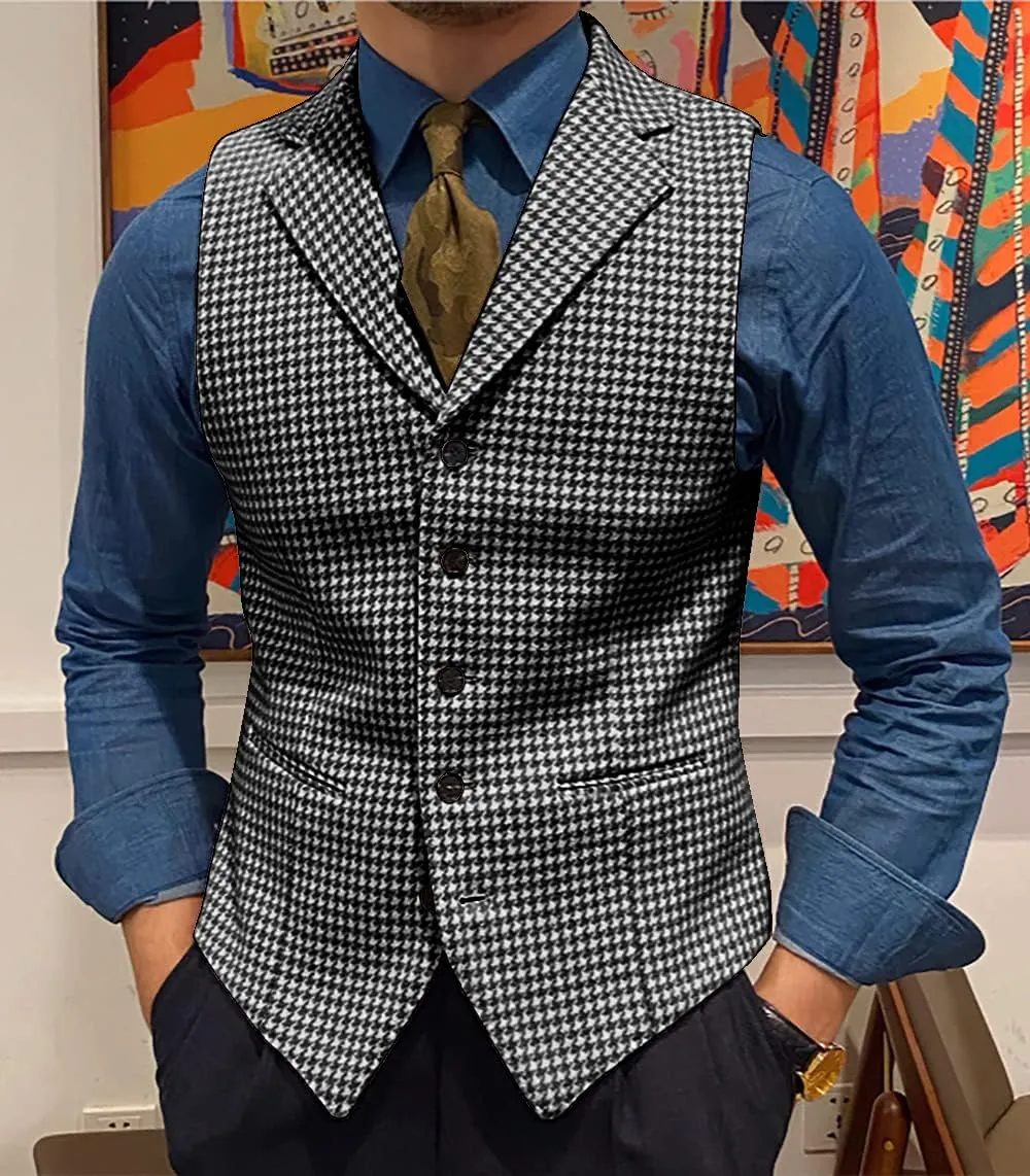 Mens Retro Wool Suit Vest Houndstooth Waistcoat Tweed Herringbone for Tuxedos
