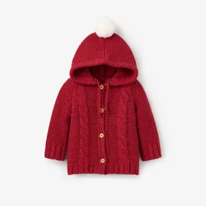 Red Chunky Hooded Pom Pom Cardigan