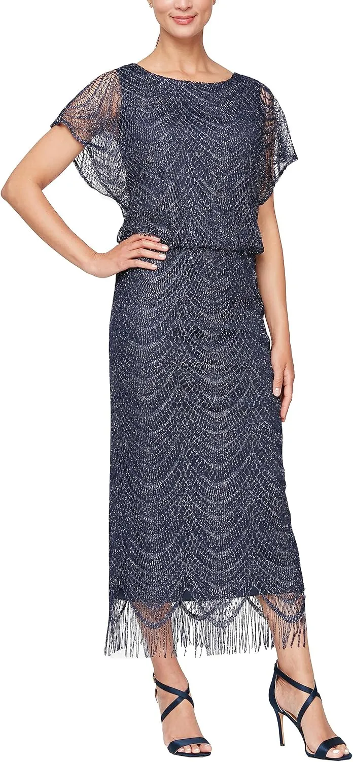 S.L. Fashions Women's Metallic Crochet Dress with Fringe Hemline