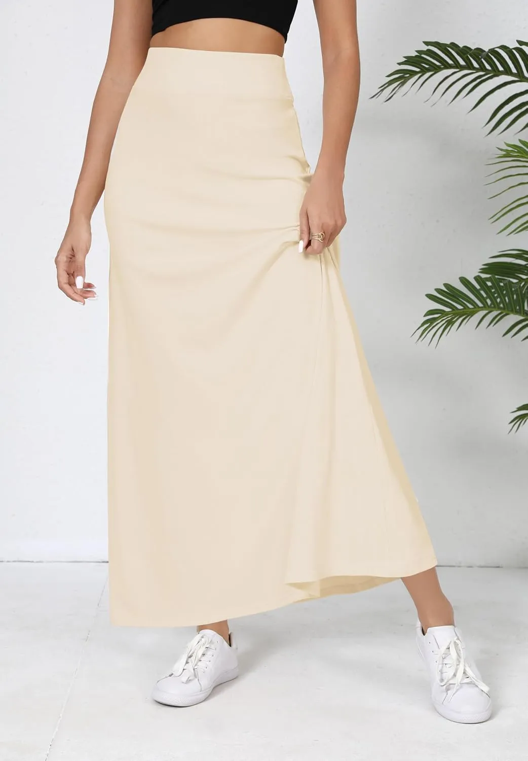 Urban CoCo Elastic Waist A-Line Long Maxi Skirt Below Knee for Women