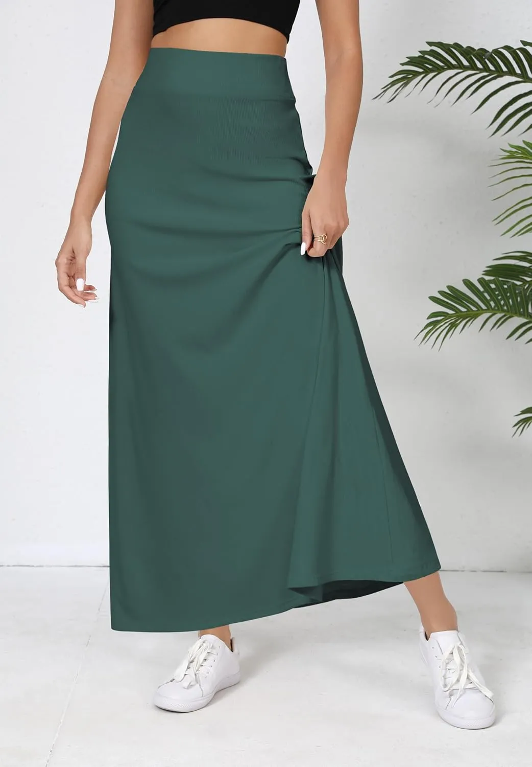 Urban CoCo Elastic Waist A-Line Long Maxi Skirt Below Knee for Women