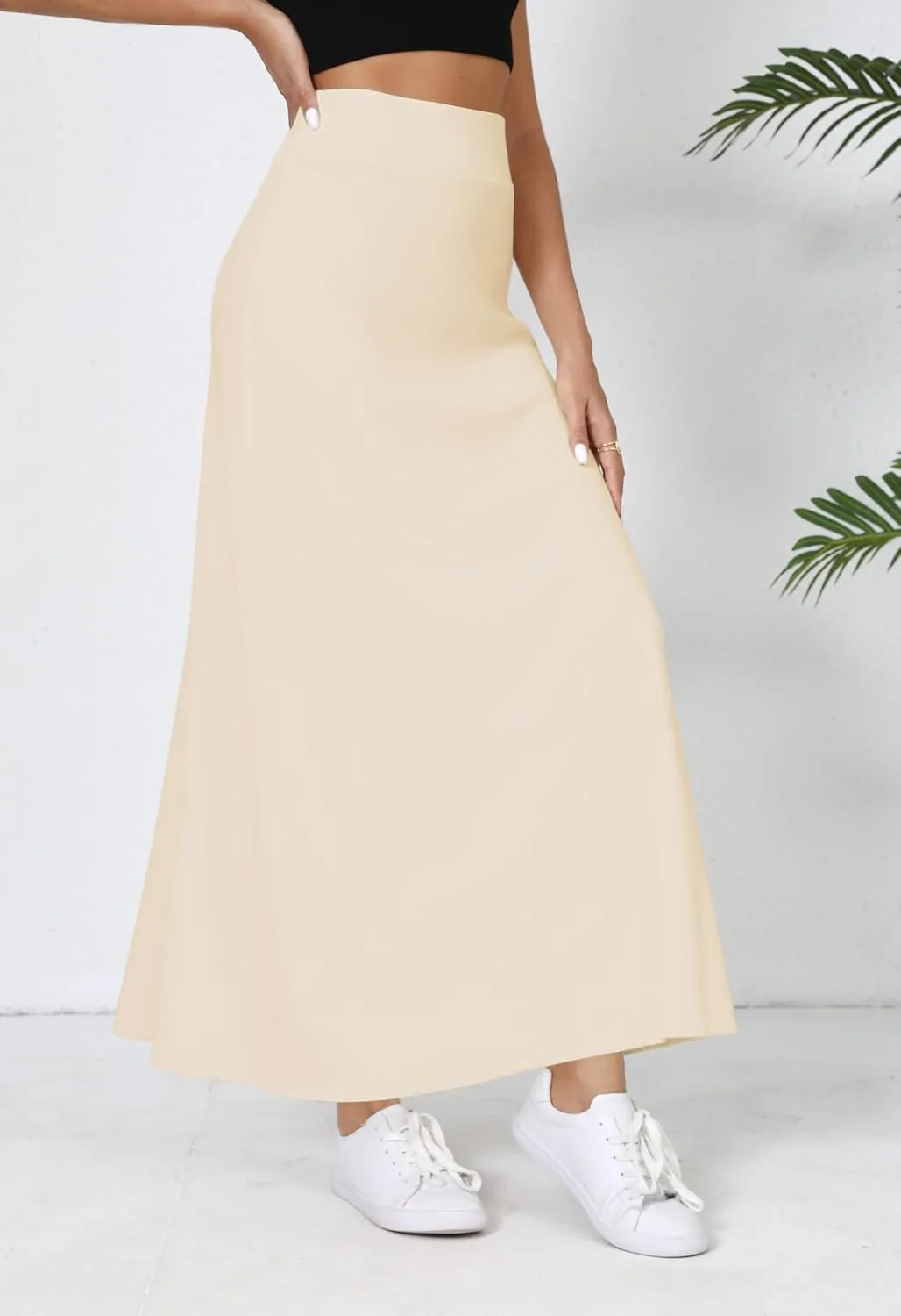 Urban CoCo Elastic Waist A-Line Long Maxi Skirt Below Knee for Women