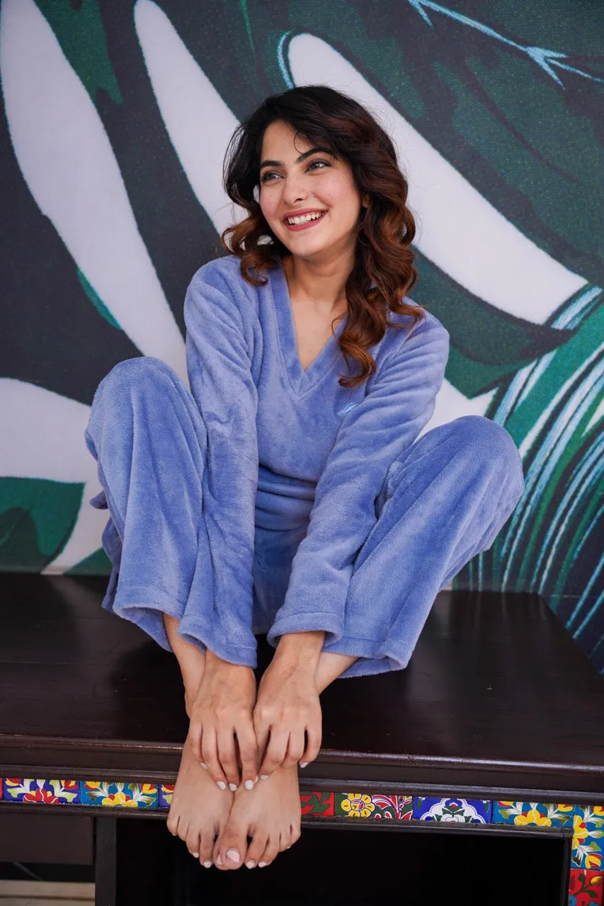 V neck Super Soft Light Blue woollen Lounge Wear Set