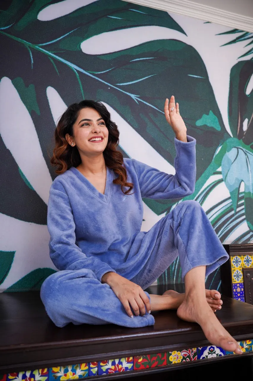 V neck Super Soft Light Blue woollen Lounge Wear Set