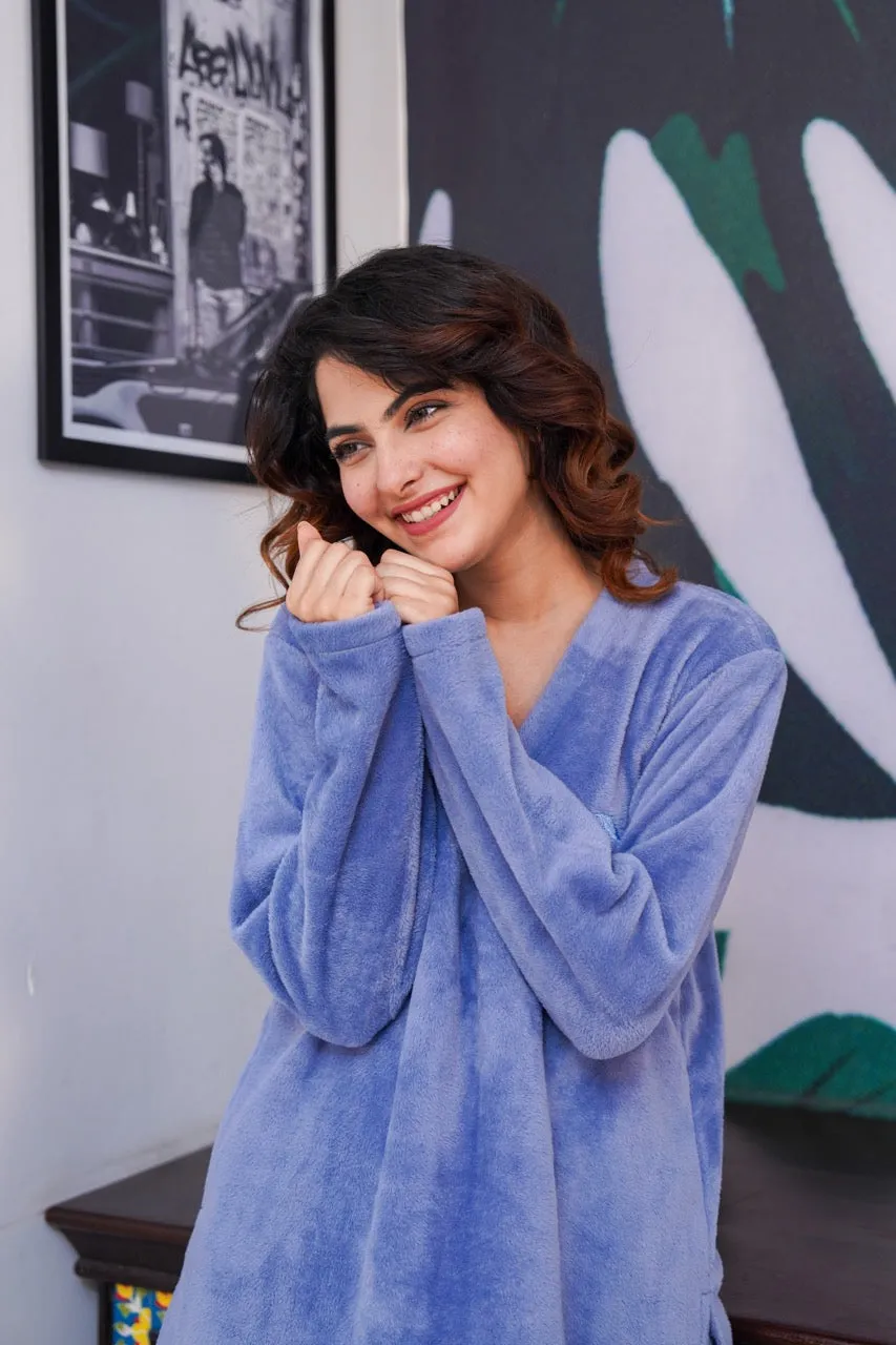 V neck Super Soft Light Blue woollen Lounge Wear Set