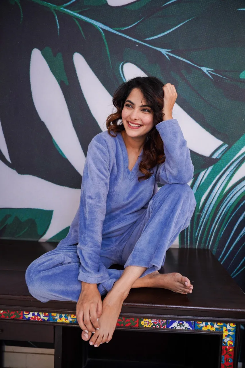 V neck Super Soft Light Blue woollen Lounge Wear Set