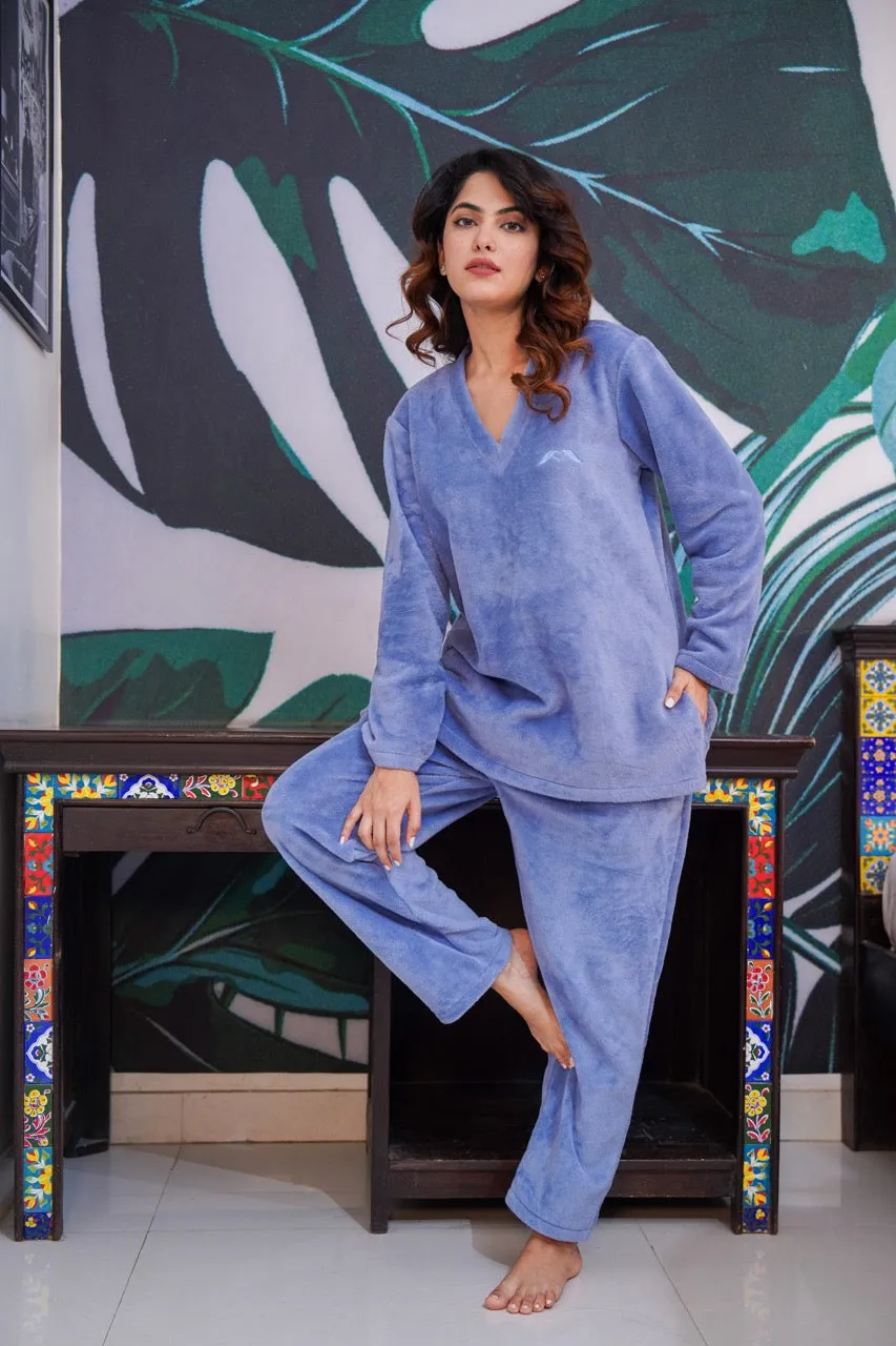 V neck Super Soft Light Blue woollen Lounge Wear Set