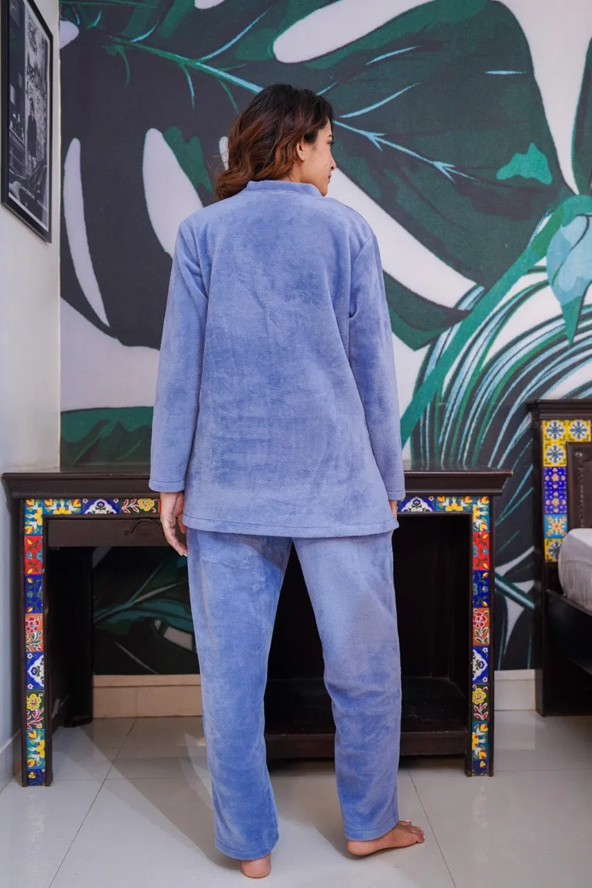 V neck Super Soft Light Blue woollen Lounge Wear Set