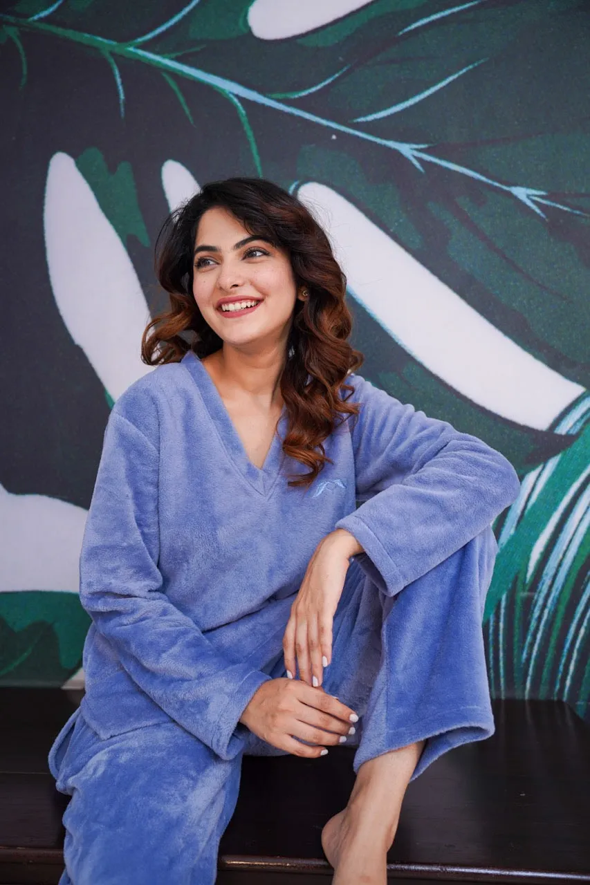 V neck Super Soft Light Blue woollen Lounge Wear Set
