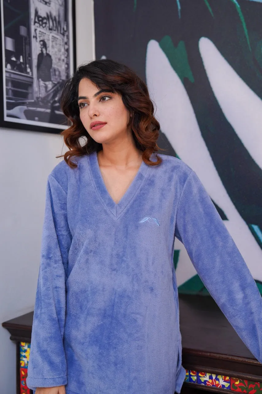 V neck Super Soft Light Blue woollen Lounge Wear Set