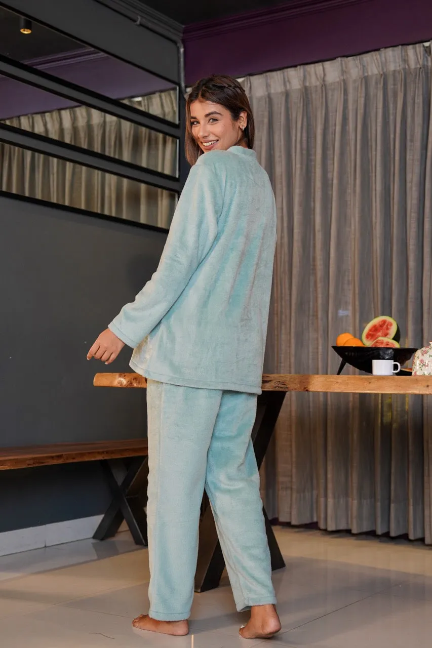 V neck Super Soft Turquoise woollen Lounge Wear Set