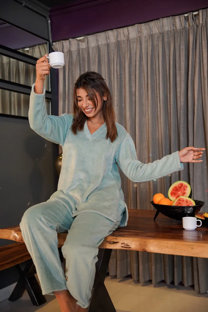 V neck Super Soft Turquoise woollen Lounge Wear Set