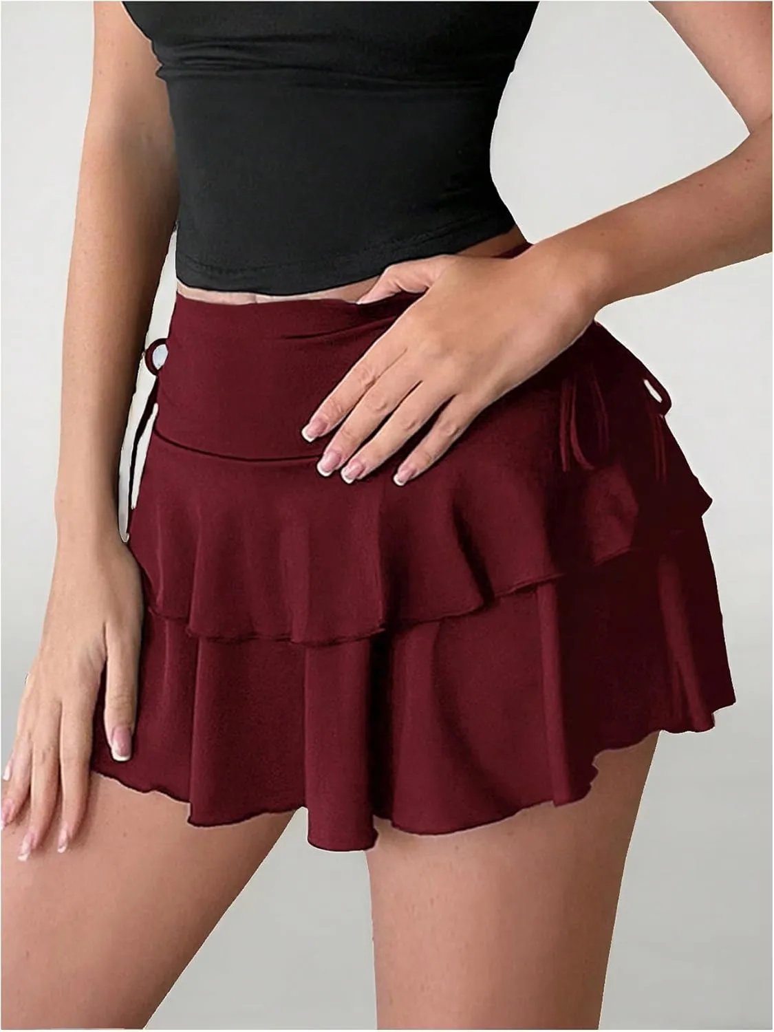 Verdusa Women's Coquette Flowy Ruffle Skirt Y2k Drawstring Bow Side A Line Cute Mini Skirts