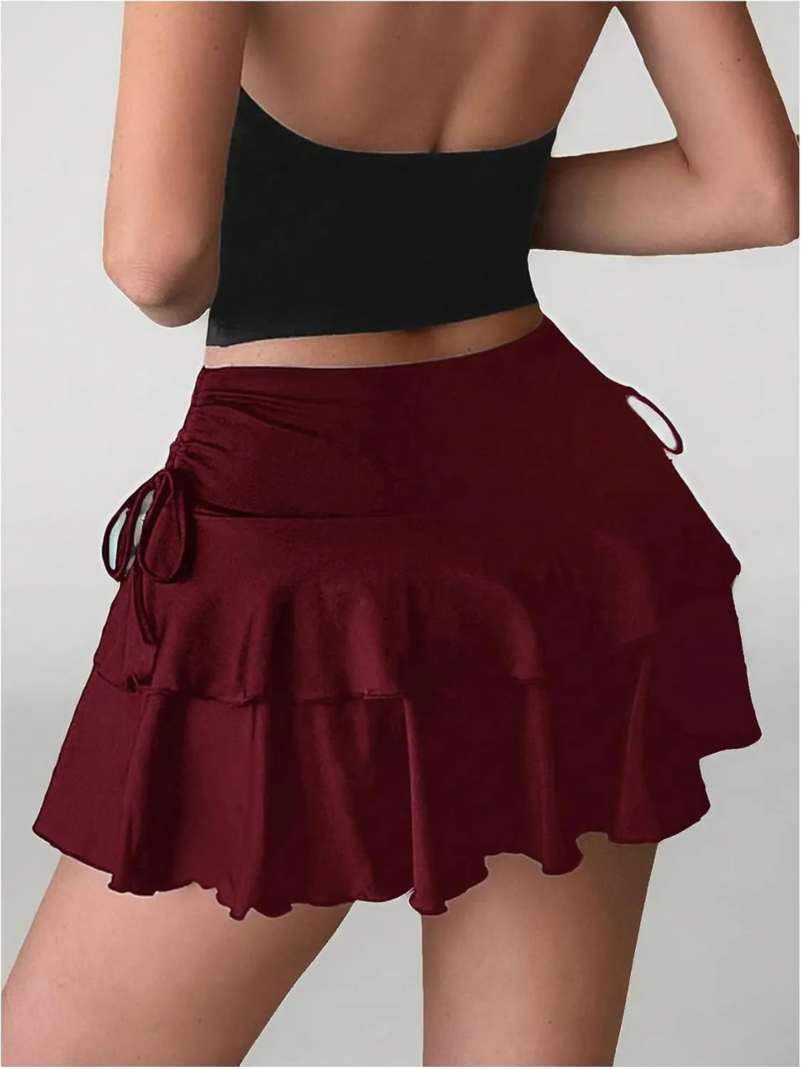 Verdusa Women's Coquette Flowy Ruffle Skirt Y2k Drawstring Bow Side A Line Cute Mini Skirts