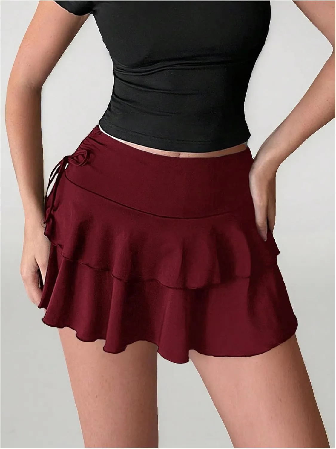 Verdusa Women's Coquette Flowy Ruffle Skirt Y2k Drawstring Bow Side A Line Cute Mini Skirts