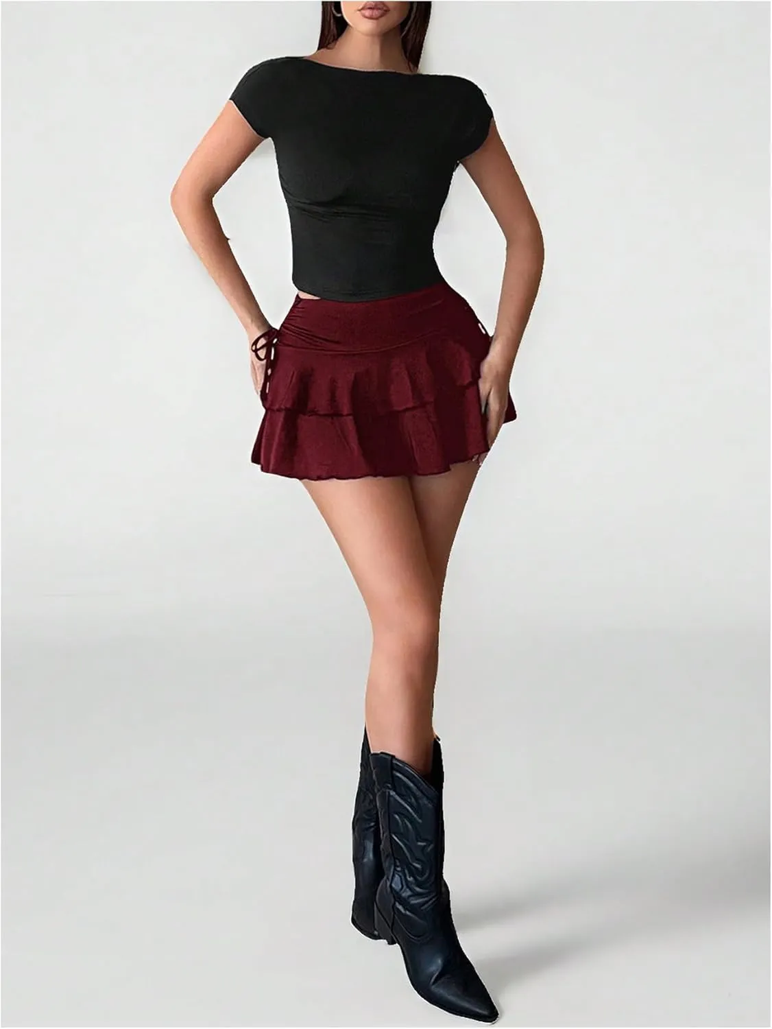 Verdusa Women's Coquette Flowy Ruffle Skirt Y2k Drawstring Bow Side A Line Cute Mini Skirts