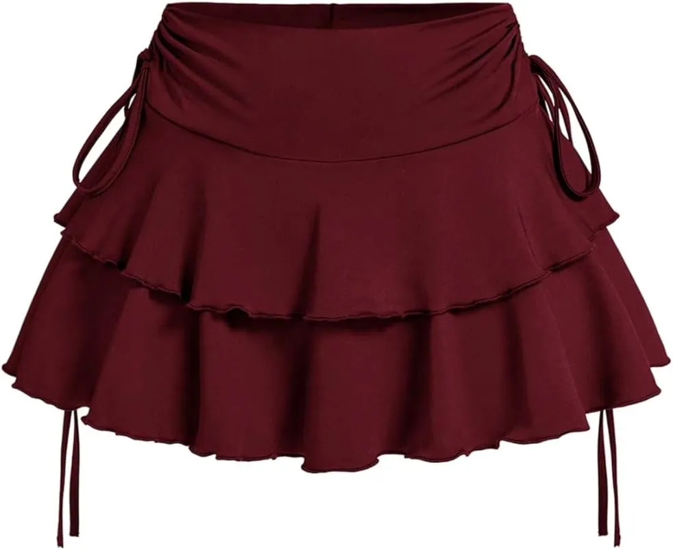 Verdusa Women's Coquette Flowy Ruffle Skirt Y2k Drawstring Bow Side A Line Cute Mini Skirts