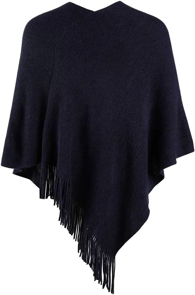Women Poncho Sweater V Neck Solid Knit Pullover Cape Lightweight Shawl Elegant Wrap with Fringes Gifts for Womens