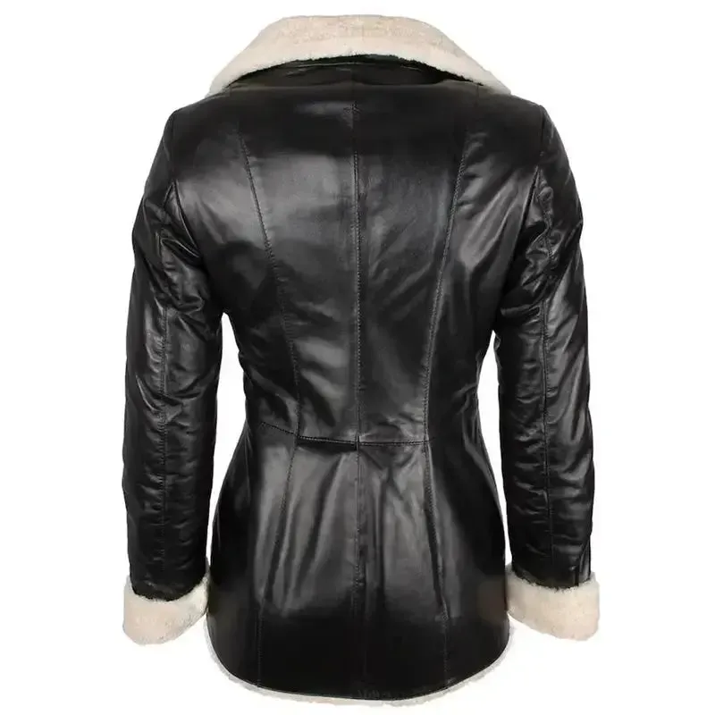 Women's Black Shearling Lambskin Leather Trench Overcoat Elegant & Warm