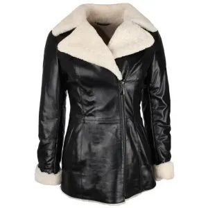 Women's Black Shearling Lambskin Leather Trench Overcoat Elegant & Warm