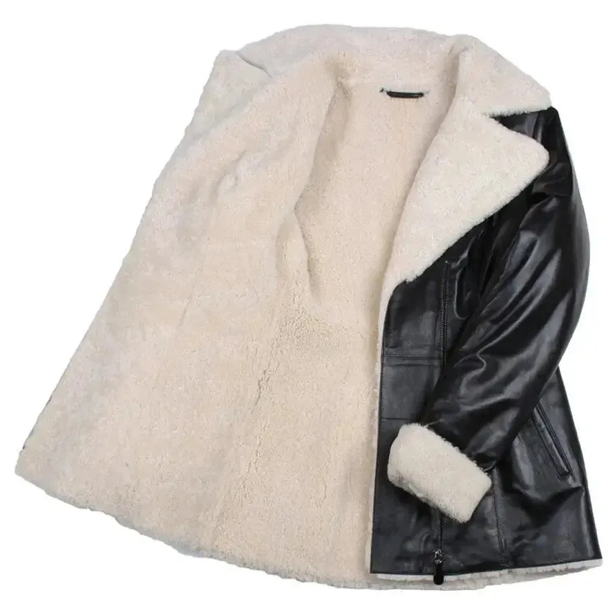 Women's Black Shearling Lambskin Leather Trench Overcoat Elegant & Warm