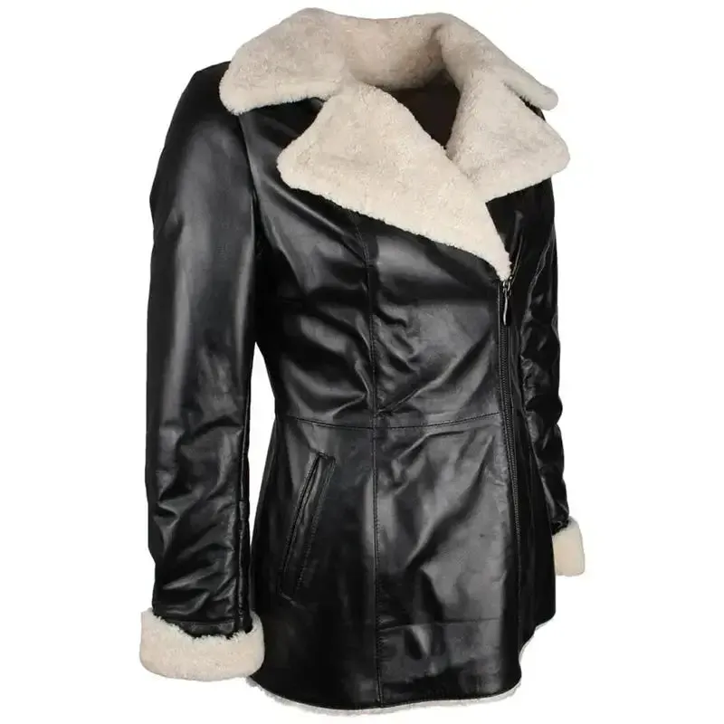 Women's Black Shearling Lambskin Leather Trench Overcoat Elegant & Warm