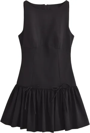 Womens Sleeveless Pleated Dress Girdling A Line Solid Color Pullover Round Neck Bow Zipper Back Mini Dress