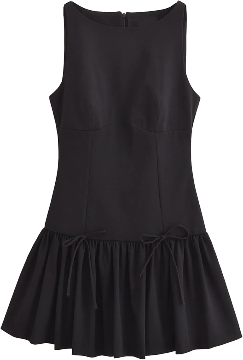 Womens Sleeveless Pleated Dress Girdling A Line Solid Color Pullover Round Neck Bow Zipper Back Mini Dress